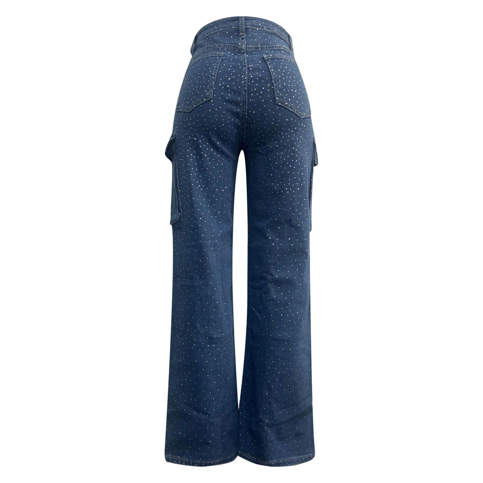 Generisch Jean sarouel pour femme avec strass, jambes larges, coupe droite, strass, taille haute, coupe ample, coupe ample, dégradé de couleur diamant