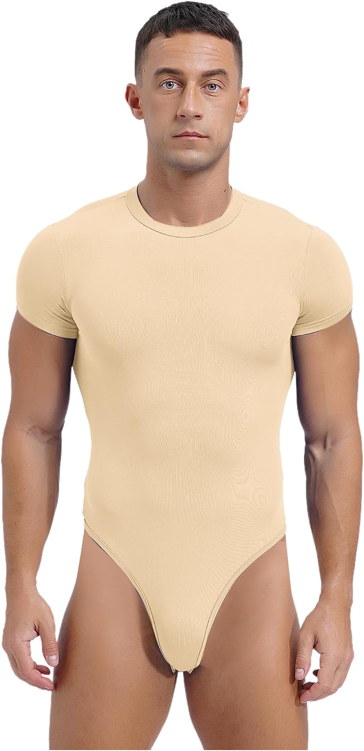 Jelory Mens Short Sleeve Undershirt Stretch Button Crotch Jumpsuit Mankini Rompers Athletic Supporters Beige Large