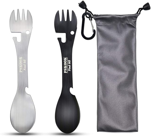 PSKOOK Spork Outdoor Spoon Fork Knife Bottle Can Opener Camping Stainless Steel Cutlery Travel Functional Eating Multi-Tool Utensil (Silver + Black Set)