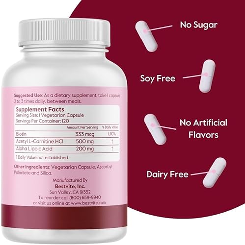 Miniatura 2 de Acetyl L-Carnitine 500 mg y ácido alfa lipoico 200 mg por cápsula con biotina 120 cápsulas vegetarianas sin estearatos vegano sin OMG sin gluten