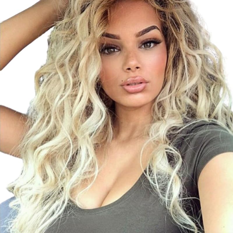 Honey Blonde Wig Blonde Lace Front Wig Wavy Wig Synthetic Wigs for White Women Long Blonde Wig Dark Roots Heat Resistant Pre Plucked with Hair Ombre Blonde Wig