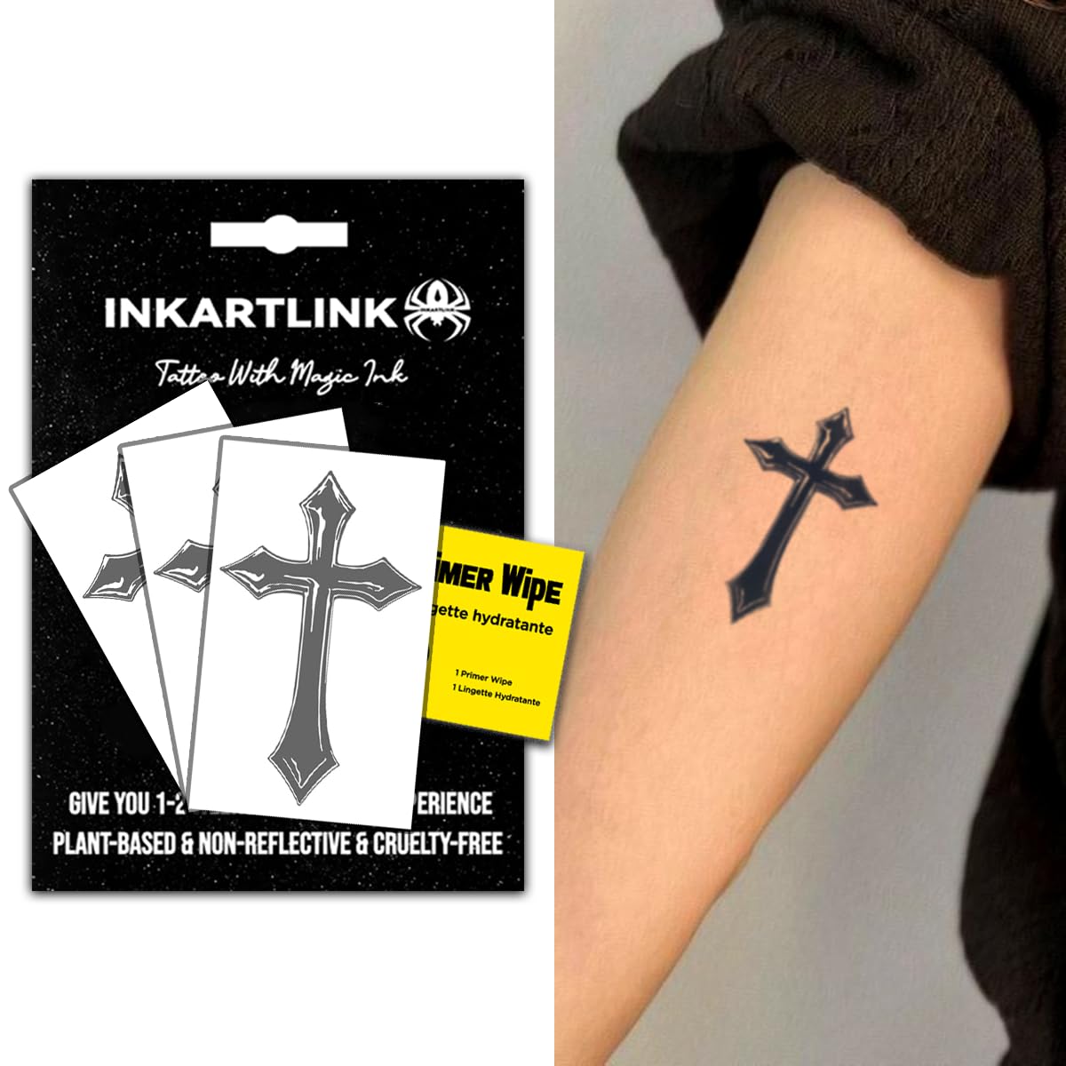 INKARTLINK Semi Permanent Tattoos, 3 Sheets of Small Temporary Tattoos, Adult Art Designs, Party Favors, Waterproof, Realistic, No Adhesive, No Reflective, Lasts 1-2 Weeks (Cross)