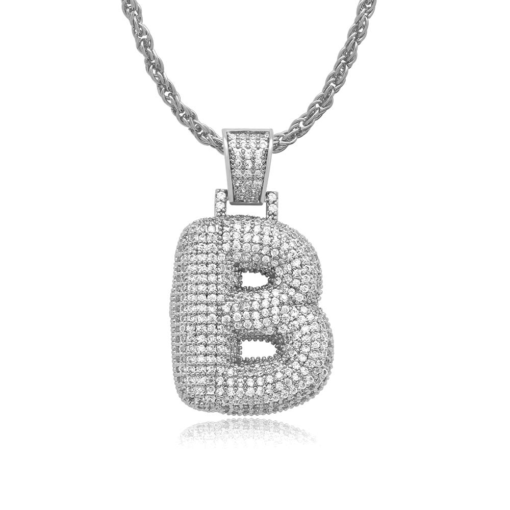 LuReen CZ Diamond Bubble Letters Pendant with 24" Rope Chain Necklace for Men Women Boys + Extra 20" Rope Chain (Silver B)