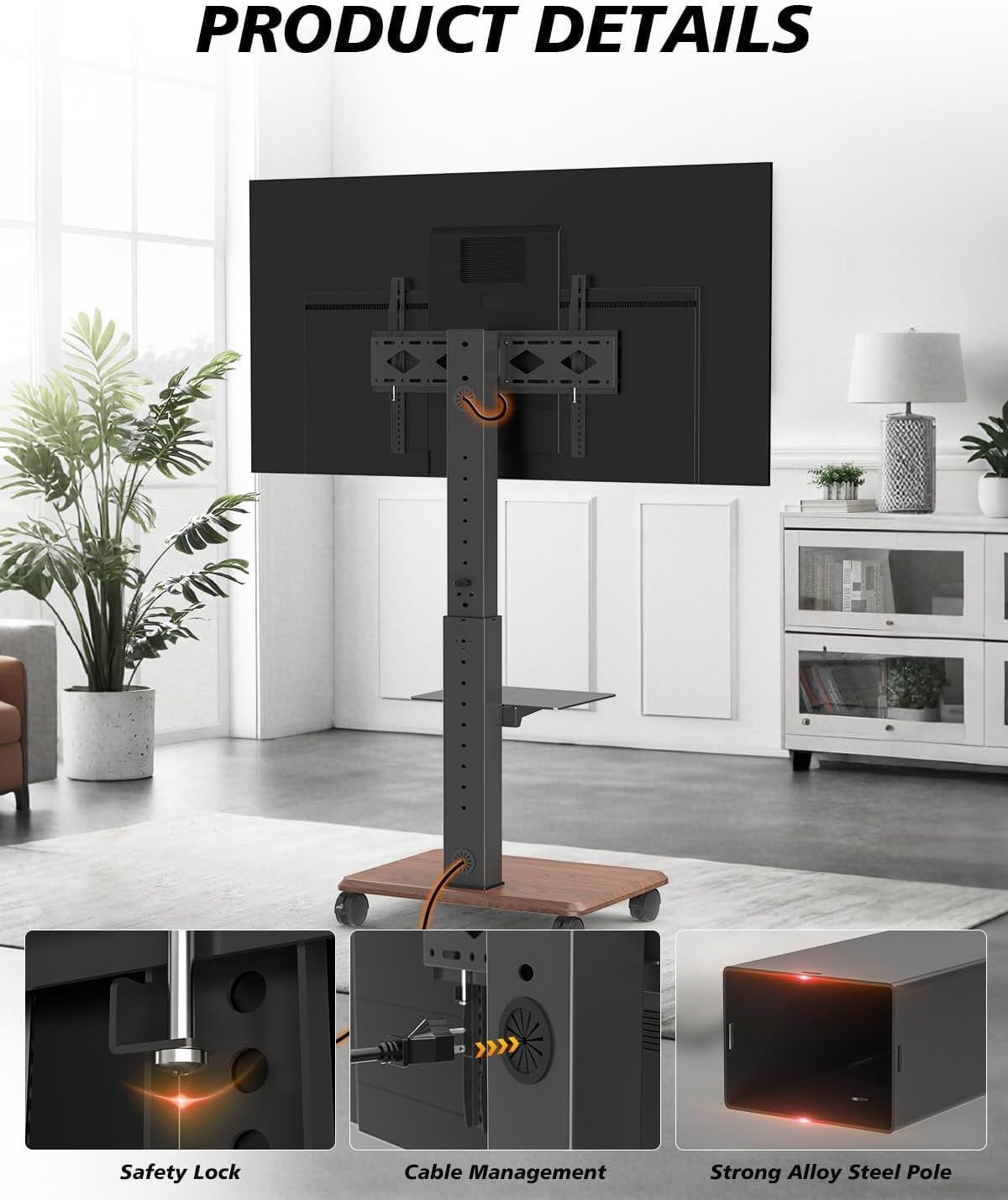 Mobile TV Stand with Glass Shelf, Swivel Rolling TV Cart for 32-75 Inch TVs up to 132 Lbs, Height Adjustable Portable Stand on Locking Wheels, Max Vesa 600x400mm, Black