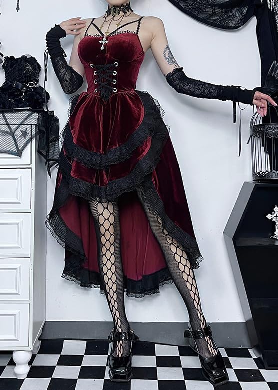 TSMNZMU Womens Gothic Velvet Corset Dress - Vintage Fairy Lolita Punk Grunge Long Goth Emo Alt Halter Dress - Image 8