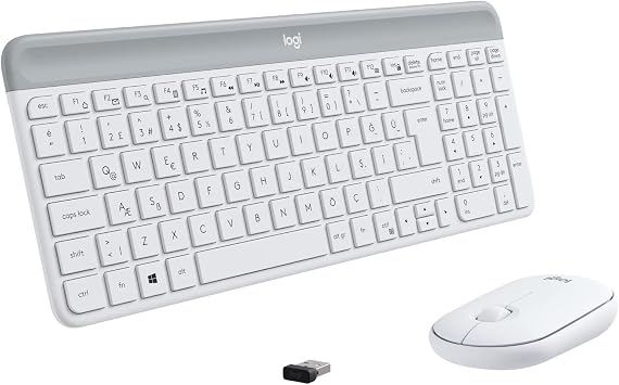 Logitech MK470 Slim Combo Wireless Keyboard Mouse Set, Compact Keyboard with 12 FN Shortcuts, Can Be Used with Right and Left Hands, 10 m Usage Distance, Quiet, Turkish Q Keyboard, White