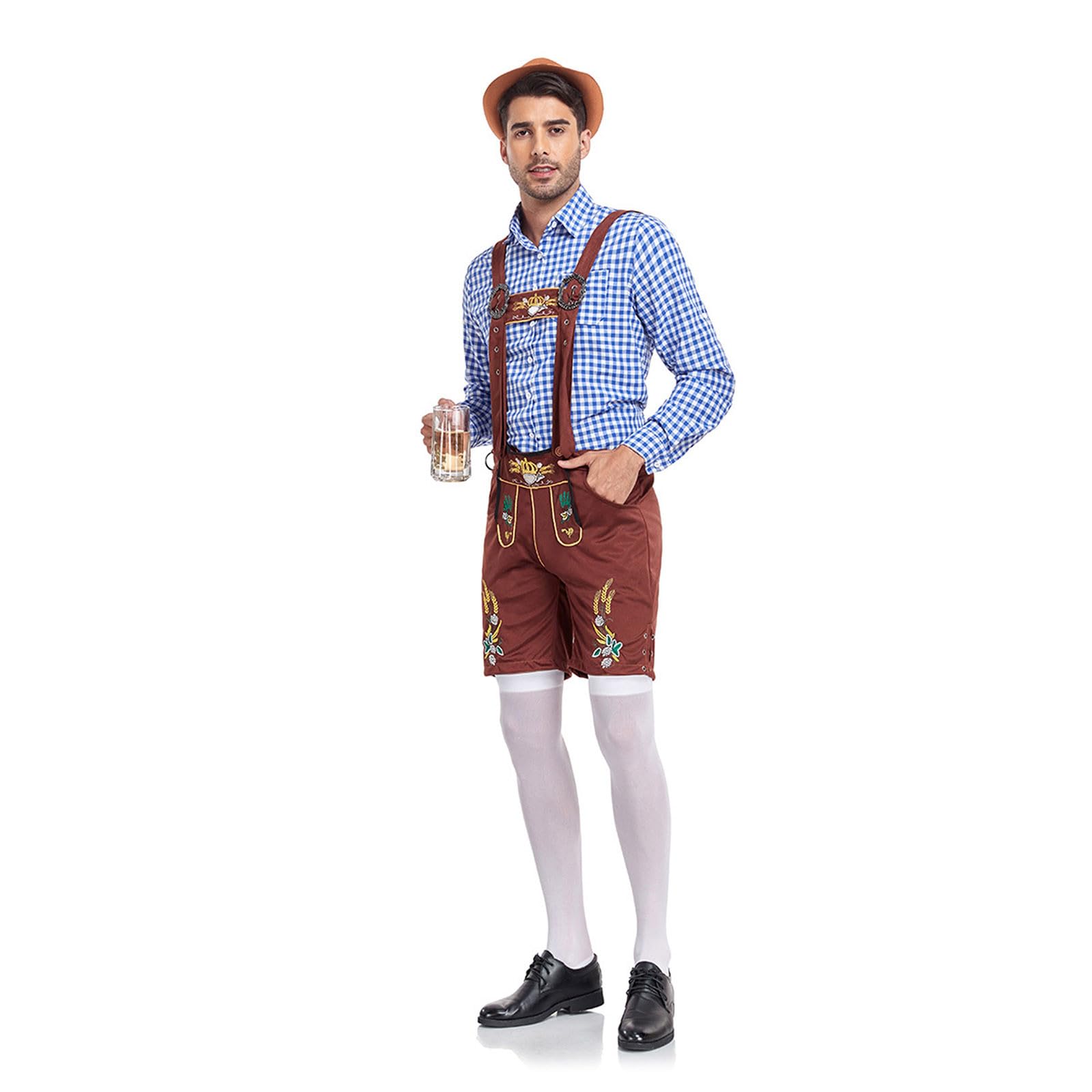 Lederhose Herren Set, Lederhosen Herren Lang Trachten Trachtenlederhosen Kurz Trachtenhose Vintage Trachtenlederhose Oktoberfest Men Outfit Hose + Hemd + Mütze