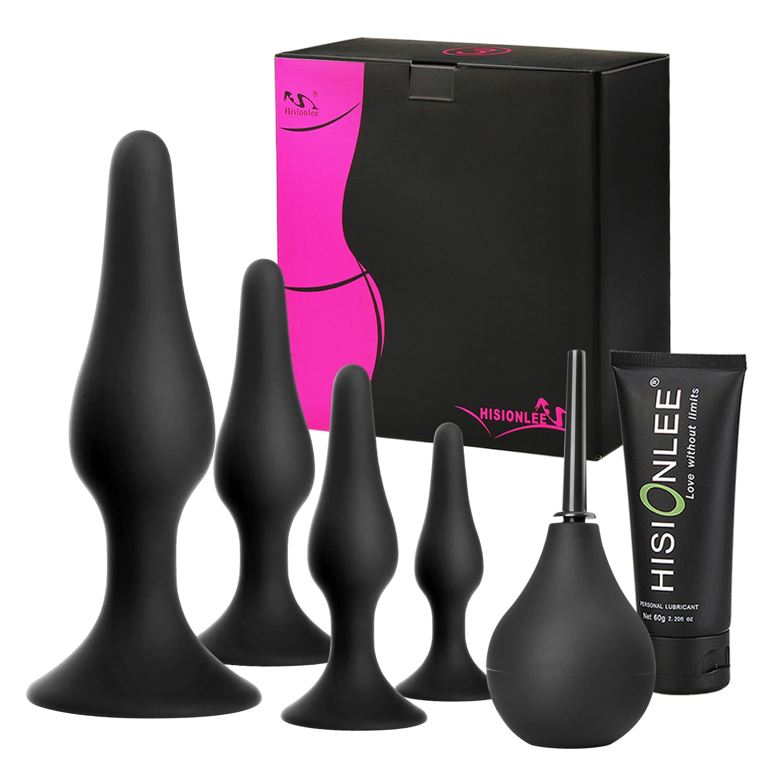 Butt Plug Anal Plug Sex Toys, HISIONLEE 5PCS Sex Anal Toys Silicone Anal Butt Plugs Training Kit with Enema Adult Sex Toys & Games for Women Male and Beginners (Black)