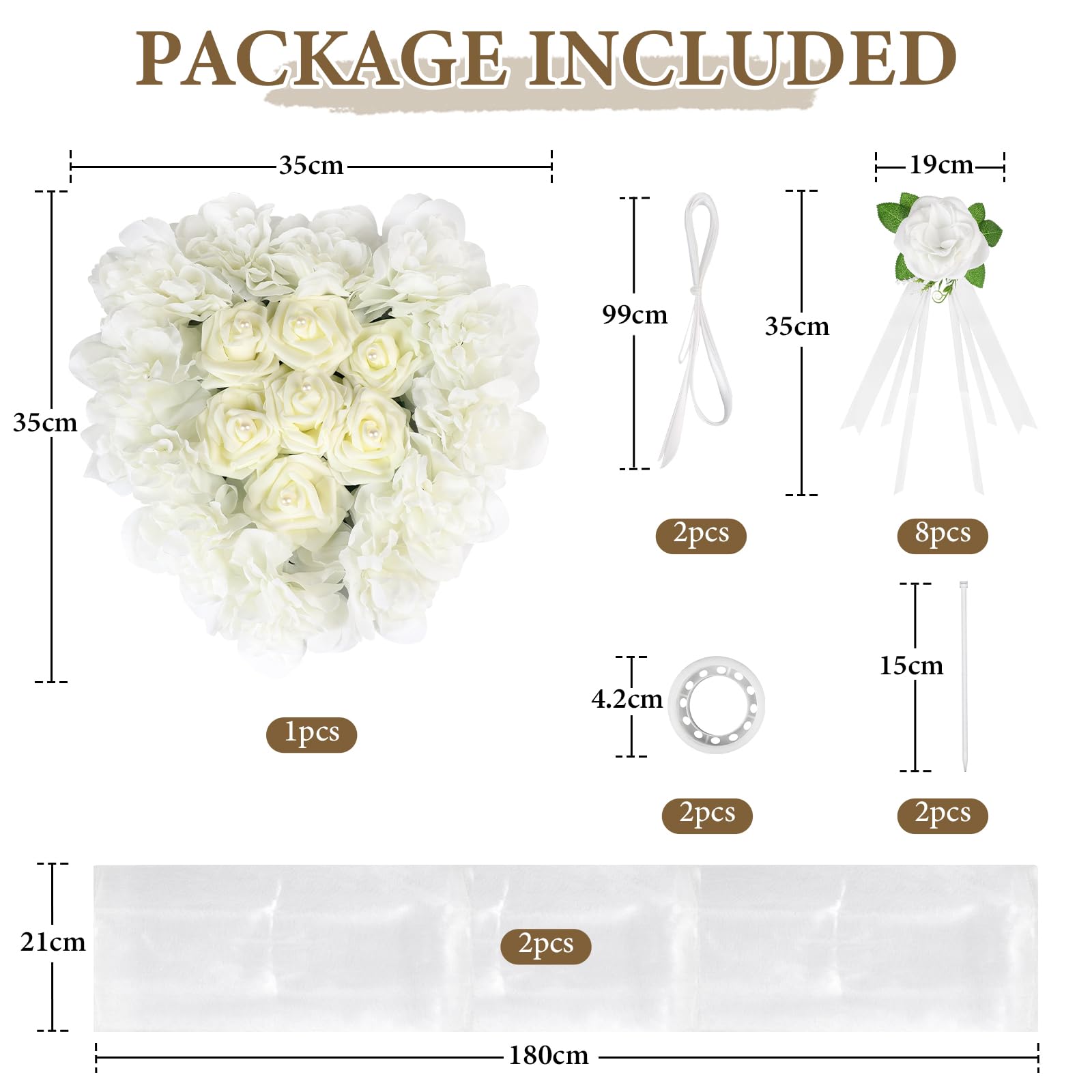 Décoration de Voiture en Forme de Cœur pour Mariage, Kit avec 1 Guirlande Cœur, 4 Fleurs pour Poignées de Porte, 2 Bandes de Tulle (1,8m) pour Enterrement de Vie de Jeune Fille & Cérémonie
