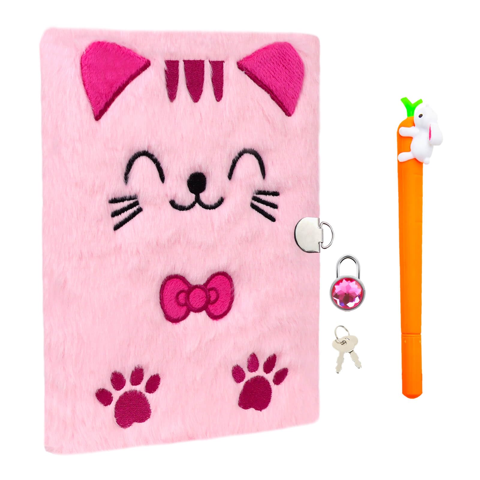 Plush Pink Cat Diary with Lock and Pen for Girls, Kids diary, A5 Notebook Set for School or Birthday Gift,80 Lined Sheet,Fuzzy Notebook Does Not Shed