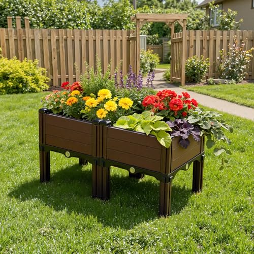 Image of Warmiehomy Raised Garden Kits, 60x30x33cm Elevated Planter Box Beds with Legs, Self Watering Plastic Garden Raised Bed Outdoor for Flowers, Vegetables, Fruits, Brown