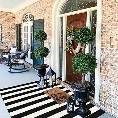 Black And White Rug 4' X 6' Collive Washable Striped Outdoor Indoor Rug Farmhouse Cotton Woven Layered Front Door Mat For Porch/Kitchen/Living Room/Bedroom #TOP6