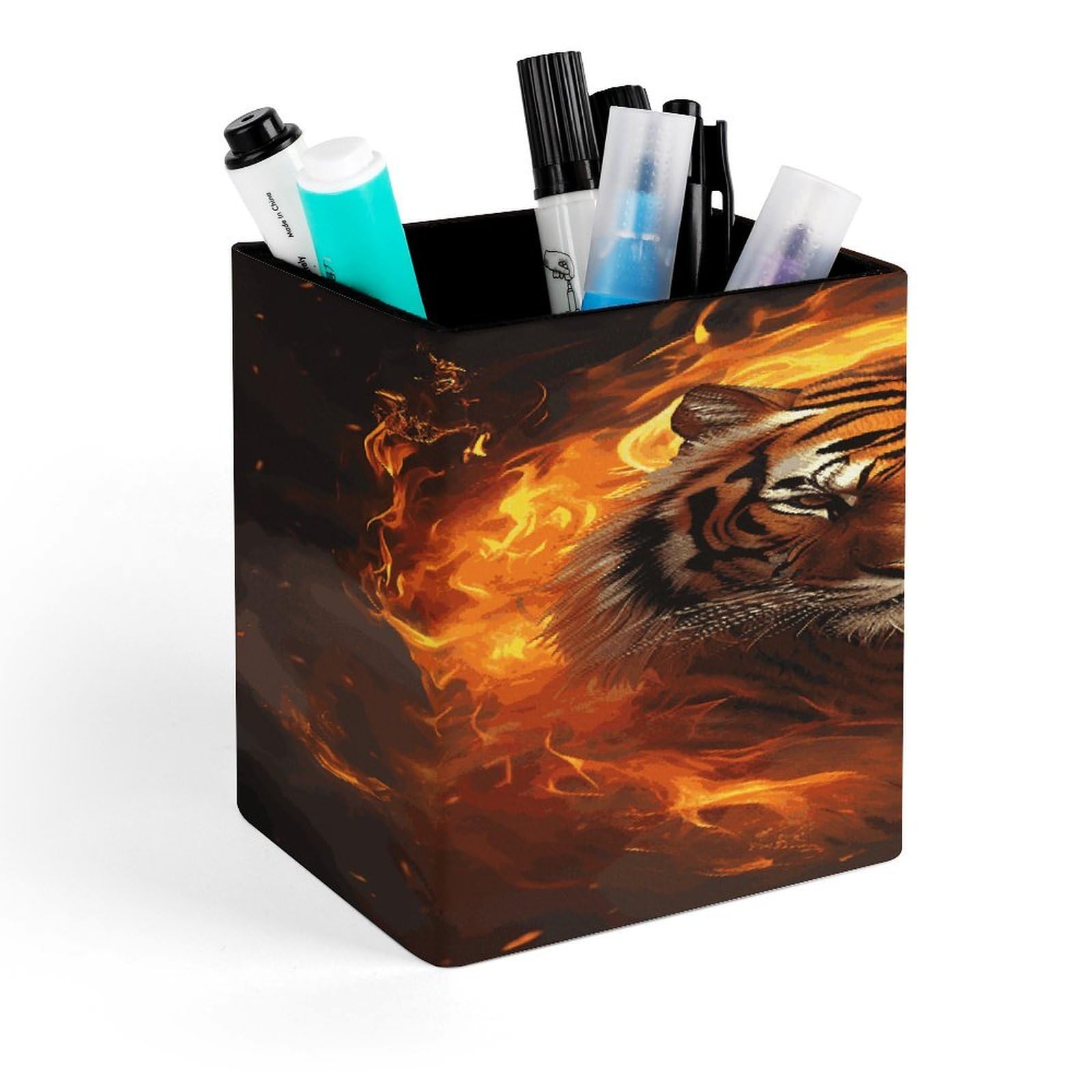 FekiLoot Cool Tiger in Flame Pencil Holder for Desk Square Leather Pen Holder Cup Desktop Organizer Multi-Functional Pencil Cup Holders Modern Decorative Desk Organizer Caddy Makeup Brush Holders