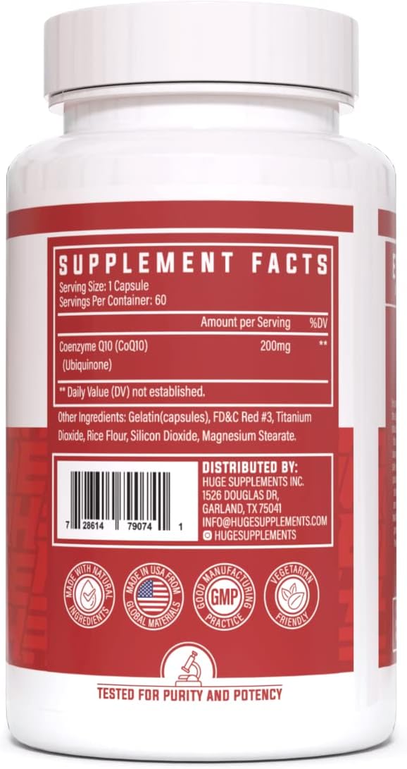 Huge Supplements CoQ10, 200mg Coenzyme Q10 per Serving, High Potency Heart Health Supplement with Antioxidant Benefits (60 Capsules)