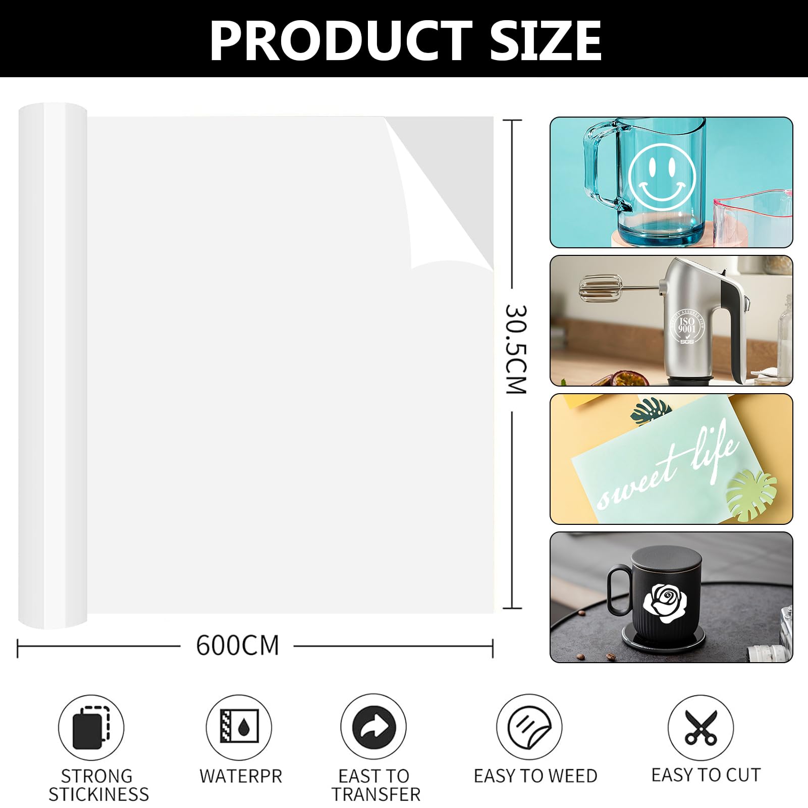 Bocguy Rotolo di Vinile Permanente Bianco Lucido, 30.5 CM x 600 CM PVC Vinile Adesivo Bianco, Facile da Tagliare & Diserbare, Vinile für Cricut & Silhouette Cameo