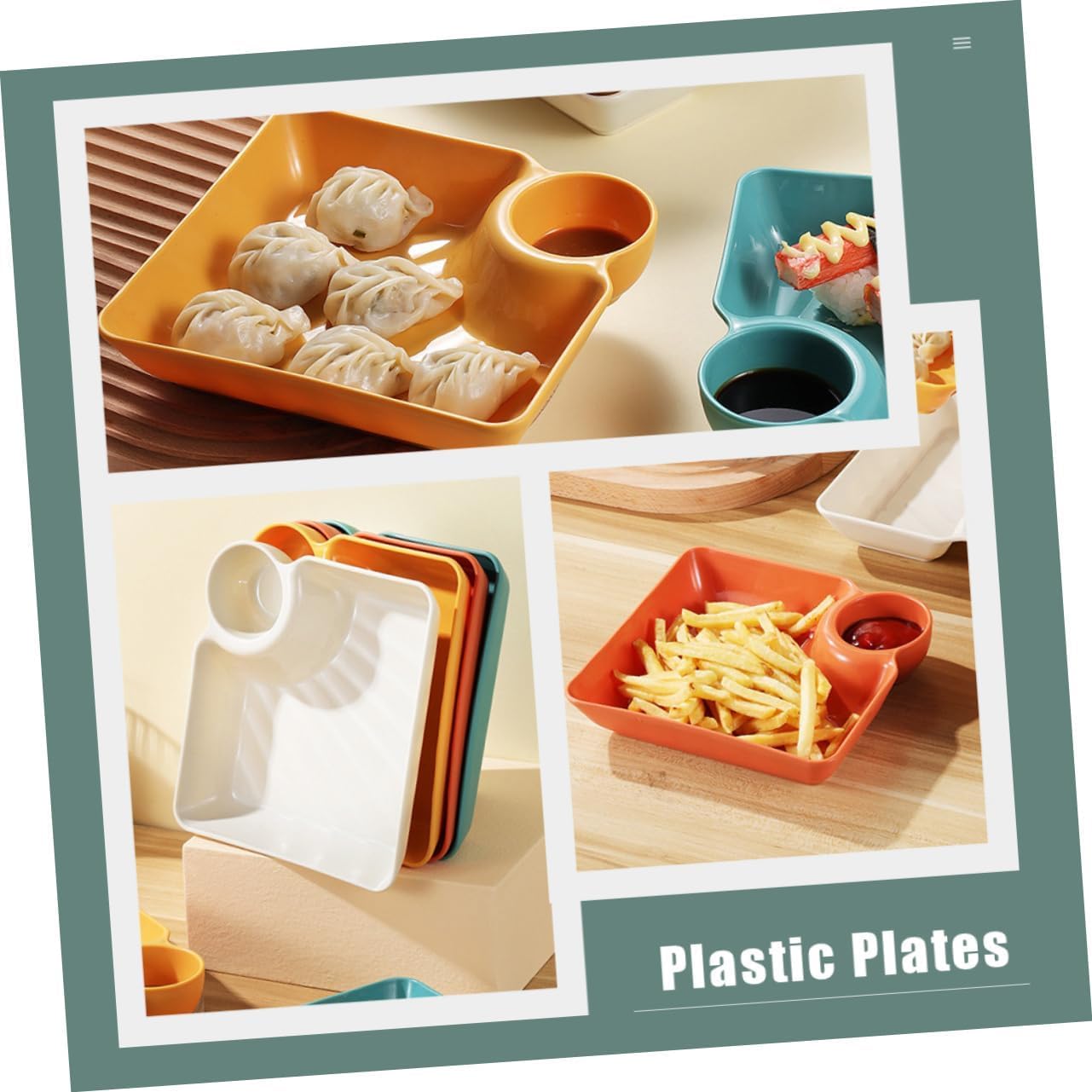 Kolorful Chip and Dip Serving Set:Plastic Dumpling Plates with Sauce Compartment Square Serving Plates with Sauce Holder Snack Plates Serving Dish Platter Tray for Party (4, Multi) 3