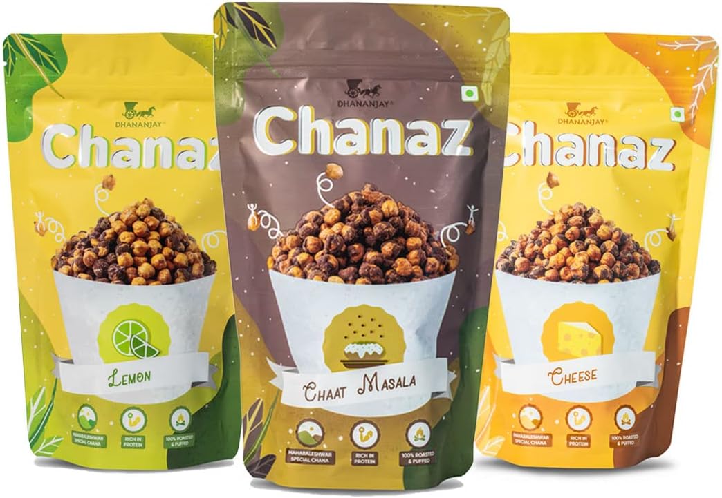 Dhananjay Roasted Flavoured Mahabaleshwar Chana (Chickpeas) | Gluten Free | Rich in Protein | 100% Roasted and Puffed | Pack of 3 (Lemon, Chat Masala & Cheese) - 160gm + 20gm extra