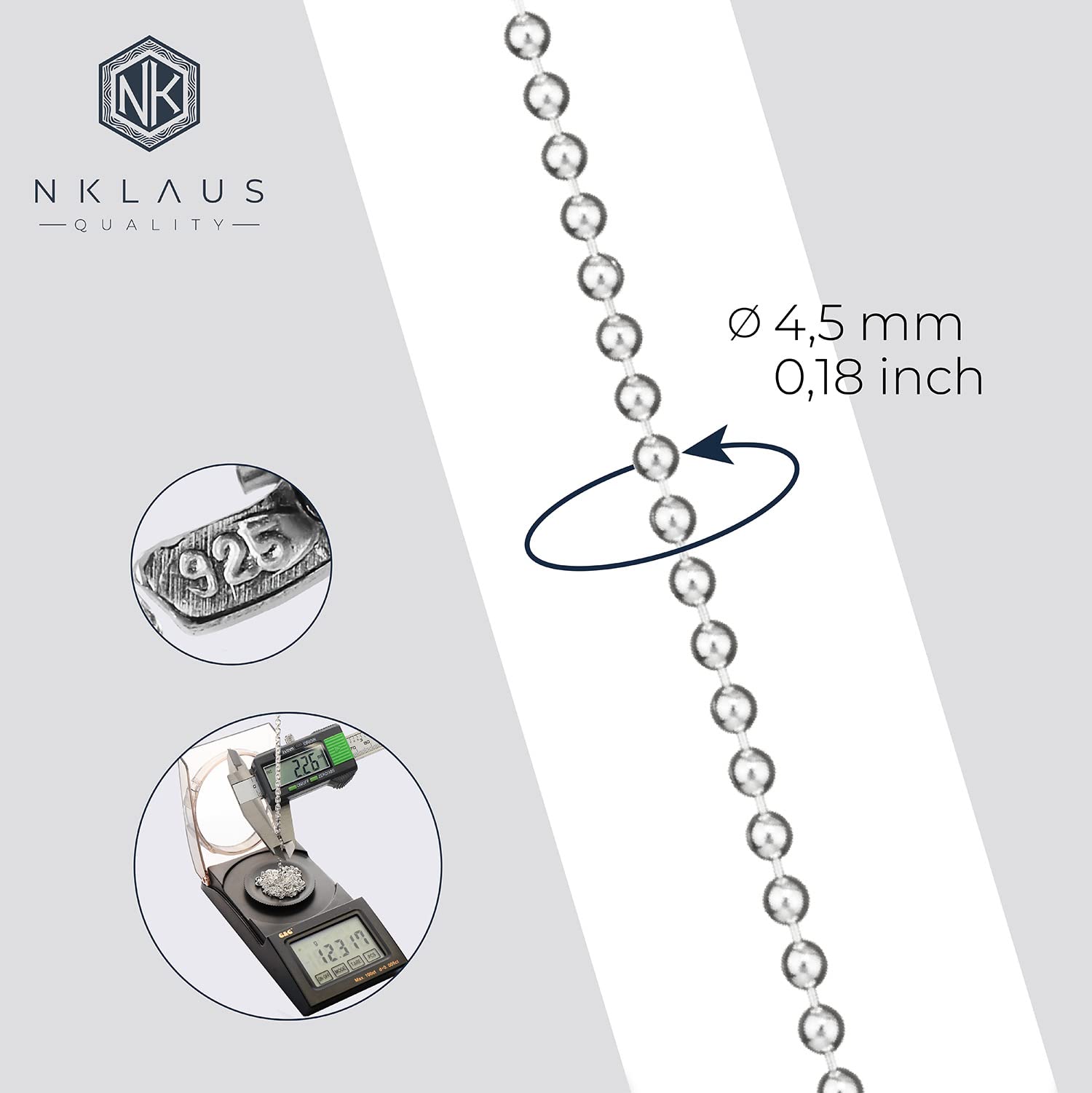 NKlaus 50cm cadena de bolas 4,5mm collar de plata de ley 925 collar de plata 4266