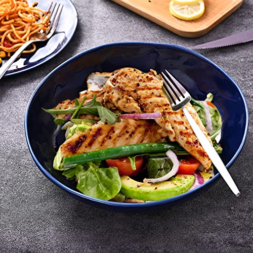 Miicol Porcelain Large Serving Bowls, 45 Oz Low Soup Bowl For Main Dish Salad, Pasta, Stew And Popcorn- Ceramic Mixing Bowl Set Of 2- Modern Handmade Look Dinnerware, 9.25 Inch, Denim Blue #TOP3