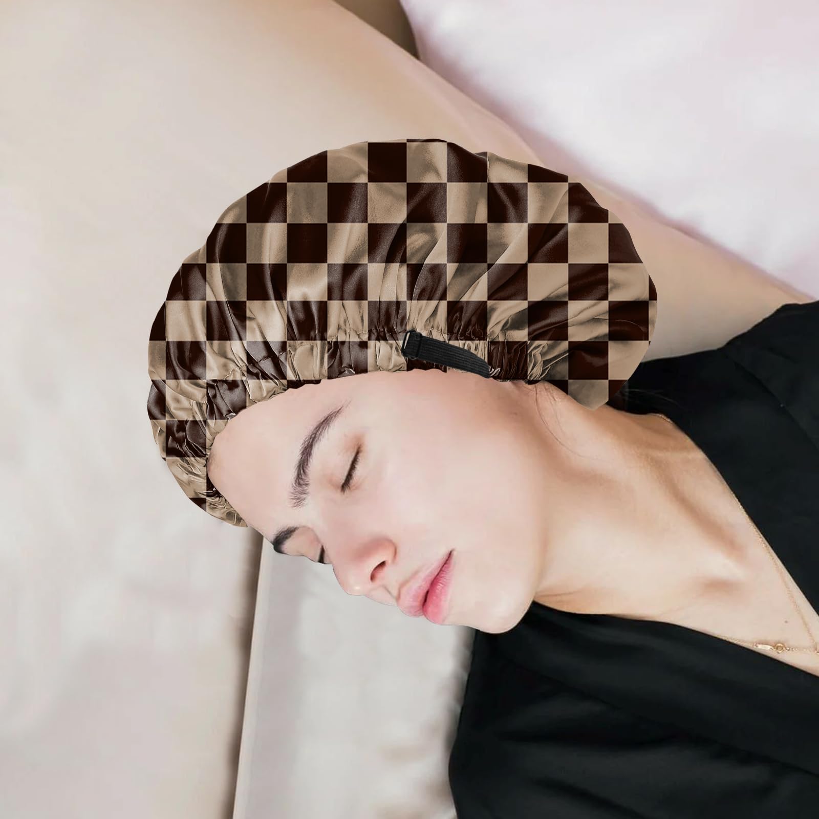 BHAHB Satin Hair Bonnet Silk Bonnet for Sleeping Double Layer Elastic Adjustable Caps Reusable Cute Aesthetic for Women Girls-Skull: O6-checker