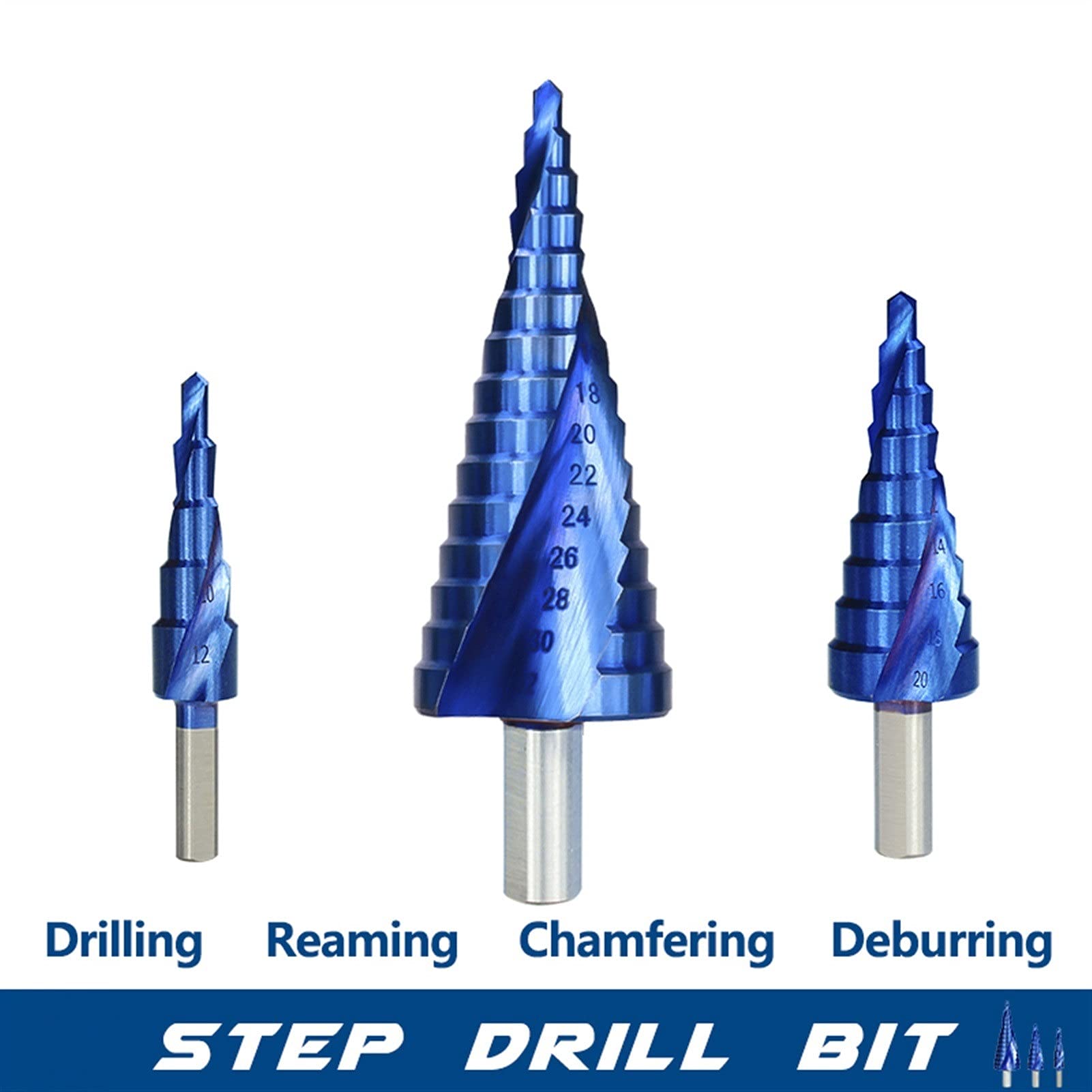 Wiertło stopniowe Stożek Zestaw wierteł stopniowych 3szt 4-12/4-20/4-32mm Drewniane wiertło do metalu Niebiesko powlekane Stożek Hole Cutter Narzędzia wiertnicze (Kolor: 3 szt. Spirala sześciokątna)