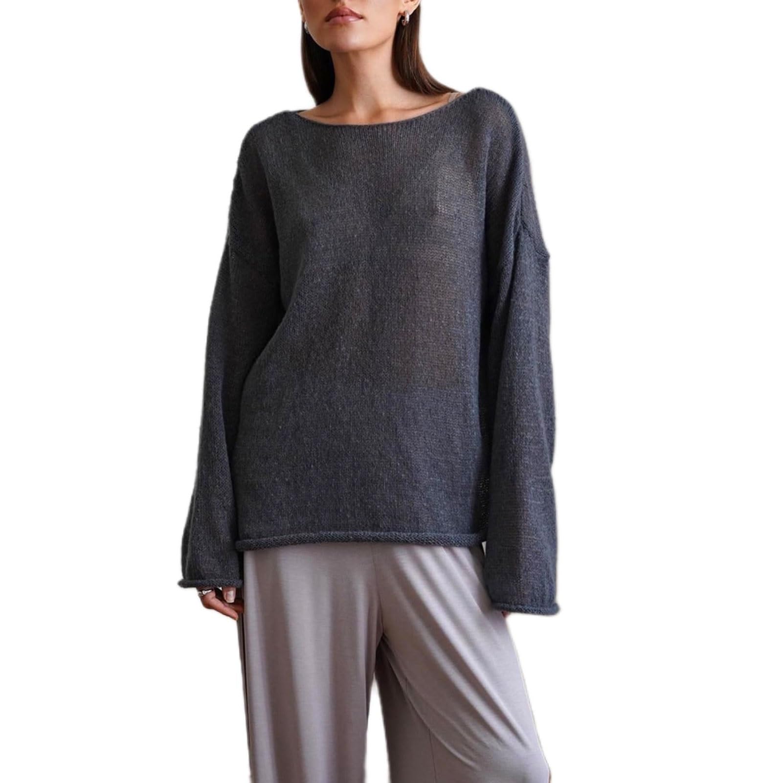 Lierolye Women's Dark Gray Sheer Mesh Knit Jumpers Lightweight See-Through Oversized Sweater Casual Long Sleeve Hollow Pullover Top(,L)