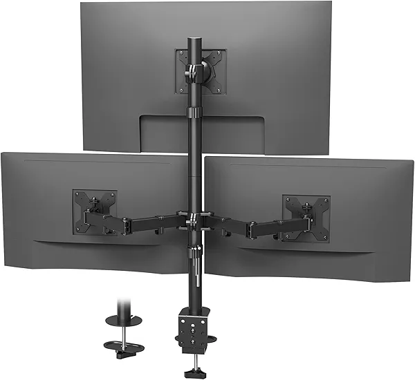 BONTEC Triple Monitor Desk Mount, Supports 13-32 Inch Screens, Full Motion Adjustability, VESA 75x75/100x100mm, Up to 22lbs per Arm, C Clamp and Grommet Mounting Options, Cable Management