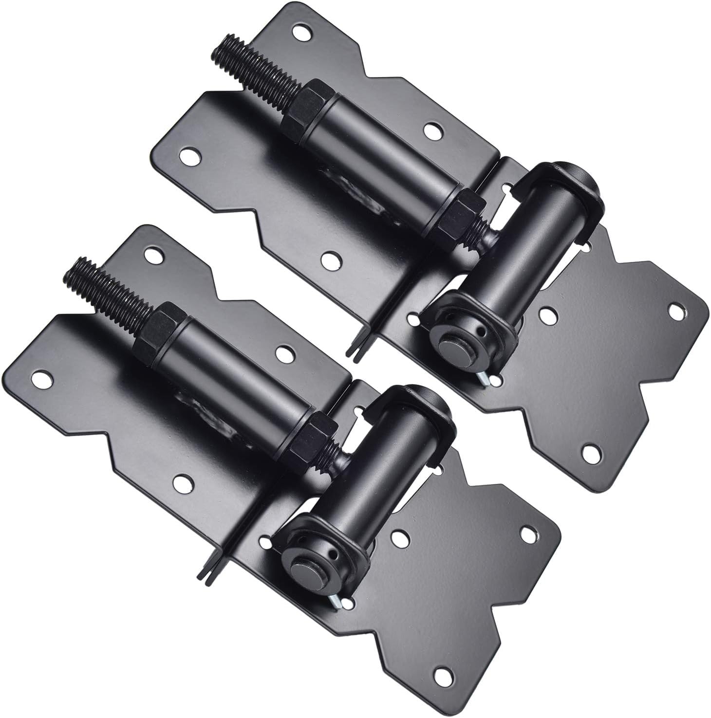 Bisagras de cierre automático resistentes para vallas de madera/vinilo/PVC, 90 grados ajustables, con tornillos de instalación y herramienta de ajuste de oscilación, paquete de 2, color negro