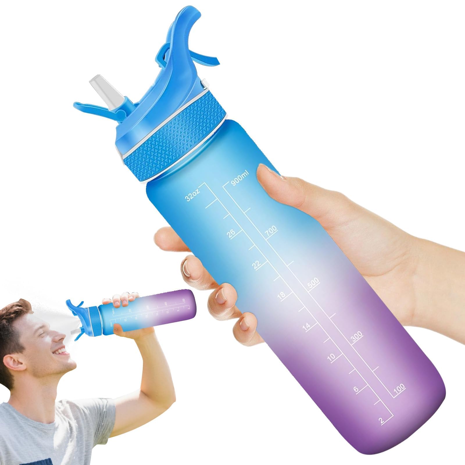 WOODFIB Sports Water Bottle with Spray Mist for Outdoor Hydration, 1L Motivational Water Bottle with Time Marker, Flip Straw & BPA Free Tritan Plastic, Ideal for Running, Fitness and Cycling