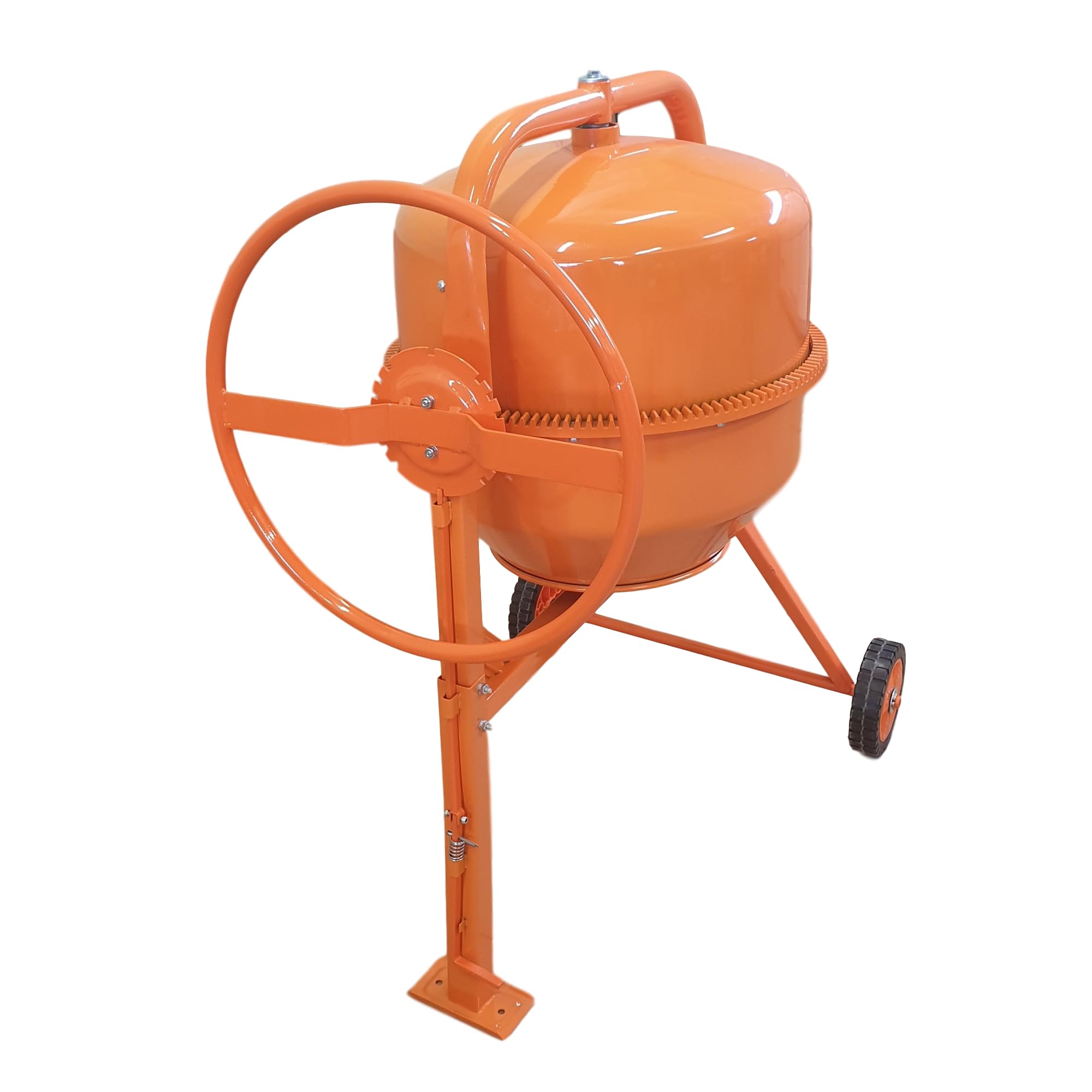 Betonmischer BAU200, 200L Trommel, 1050W Motor, Orange, Stahlrahmen mit Metall-Zahnkranz, Kunststoffräder, Kipp-Handrad