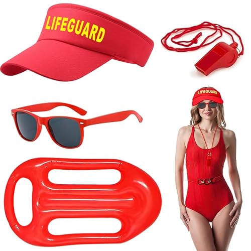 CHAOTEMAI 4 Piezas Disfraz Hinchable Disfraz de Salvavidas Disfraces Graciosos Carnaval Accesorios de Salvavidas Incluye Sombrero Gafas de Sol Silbato Salvavida Boya Flotador Hinchable