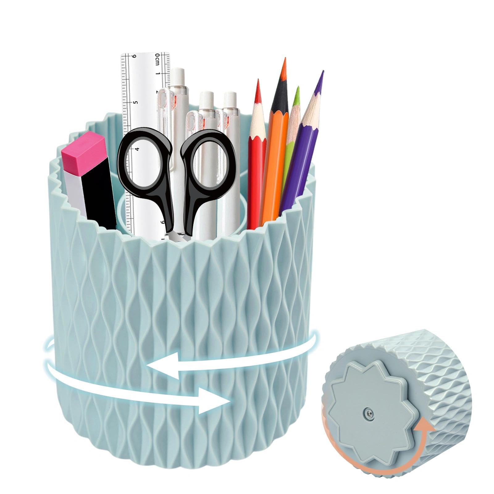 LAWALEISHE 360° Rotating Pen Holder Pot, Pencil Holder with 5 Compartments, Makeup Organiser Desk Stationary Organizers for Home Office School Classroom (Blue)