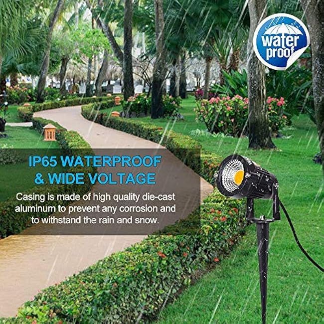 Landscape Outdoor,IP65 Waterproof Garden Spotlights,5W AC 120V Yard Flood Light,Metal Ground Stake Lawn,3200K LED Spotlight with 1.5M UL-Listed Cord and 3-Plug (2 Packs)