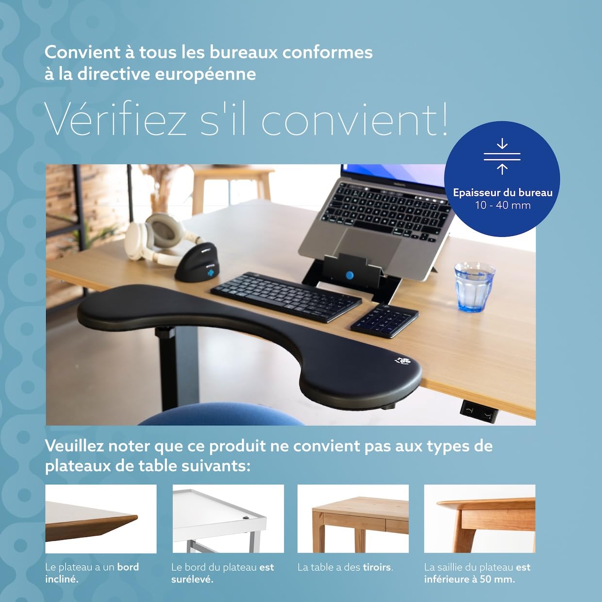 R-Go Support d'accoudoir, Support d'avant-Bras Ergonomique, à Pinces, Accoudoir pour coude, Extension de Bureau pour la Maison et Le Bureau, pour Frappe Facile et soulagement de la Douleur, Noir