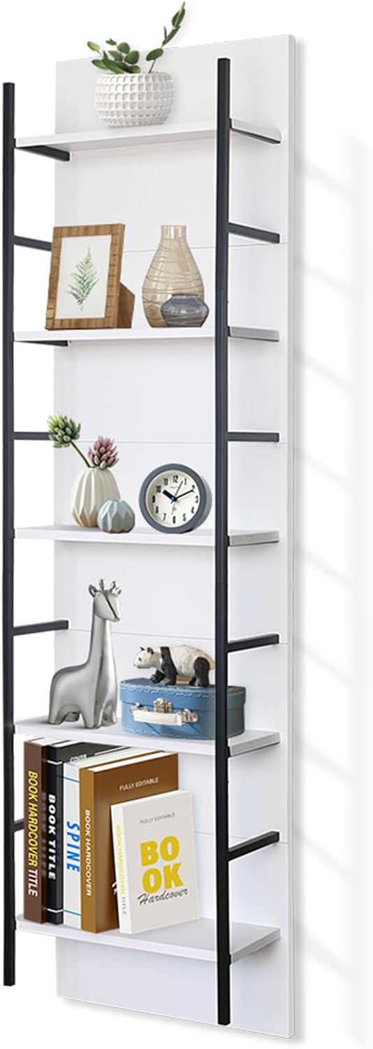 5 Tier Bookshelf,55.7" White Modern Ladder Shelf, Adjustable Wall-Mounted Storage with Metal Frame, Space-Saving Wall Shelves for Living Room, Bedroom, Home Office