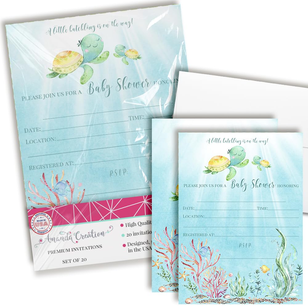 Little Hatchling Cute Sea Turtle Sea Life-Themed Baby Sprinkle Shower Invitations, 20 5x7 Fill In Cards with Twenty White Envelopes by AmandaCreation