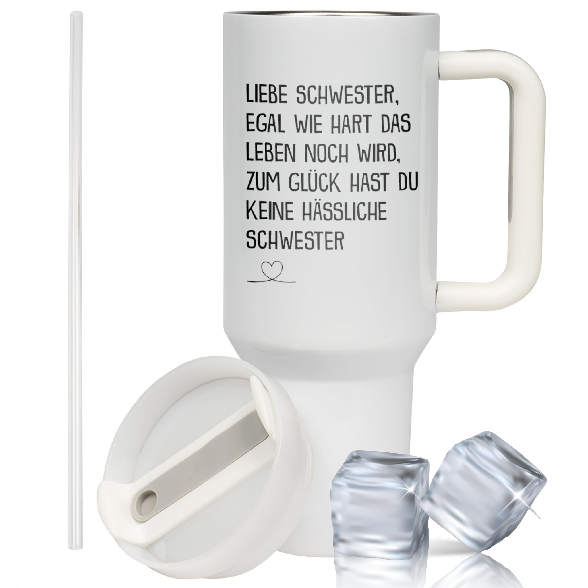 XXL Thermobecher für die Schwester – Lustiges Geschenk zum Geburtstag & Weihnachten – Edelstahl Trinkflasche, Weiß mit Spruch Keine hässliche Schwester (WIEDERVERWENDBAR)