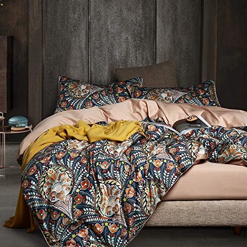 Housse de Couette 200x200cm Bohémien Floral Fleurs Feuilles Réversible Ado Parure de Lit 2 Personnes avec Fermeture Éclair Adultes Housse Couette en Microfibre avec 2 Taie d'oreiller 65x65 cm Cover