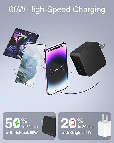 Miniatura 3 de Nekteck Cargador USB C, 60 W, tecnología GaN, PD 3.0 de carga rápida con enchufe plegable, compatible con MacBook Air/Pro, iPhone 15/16 Series