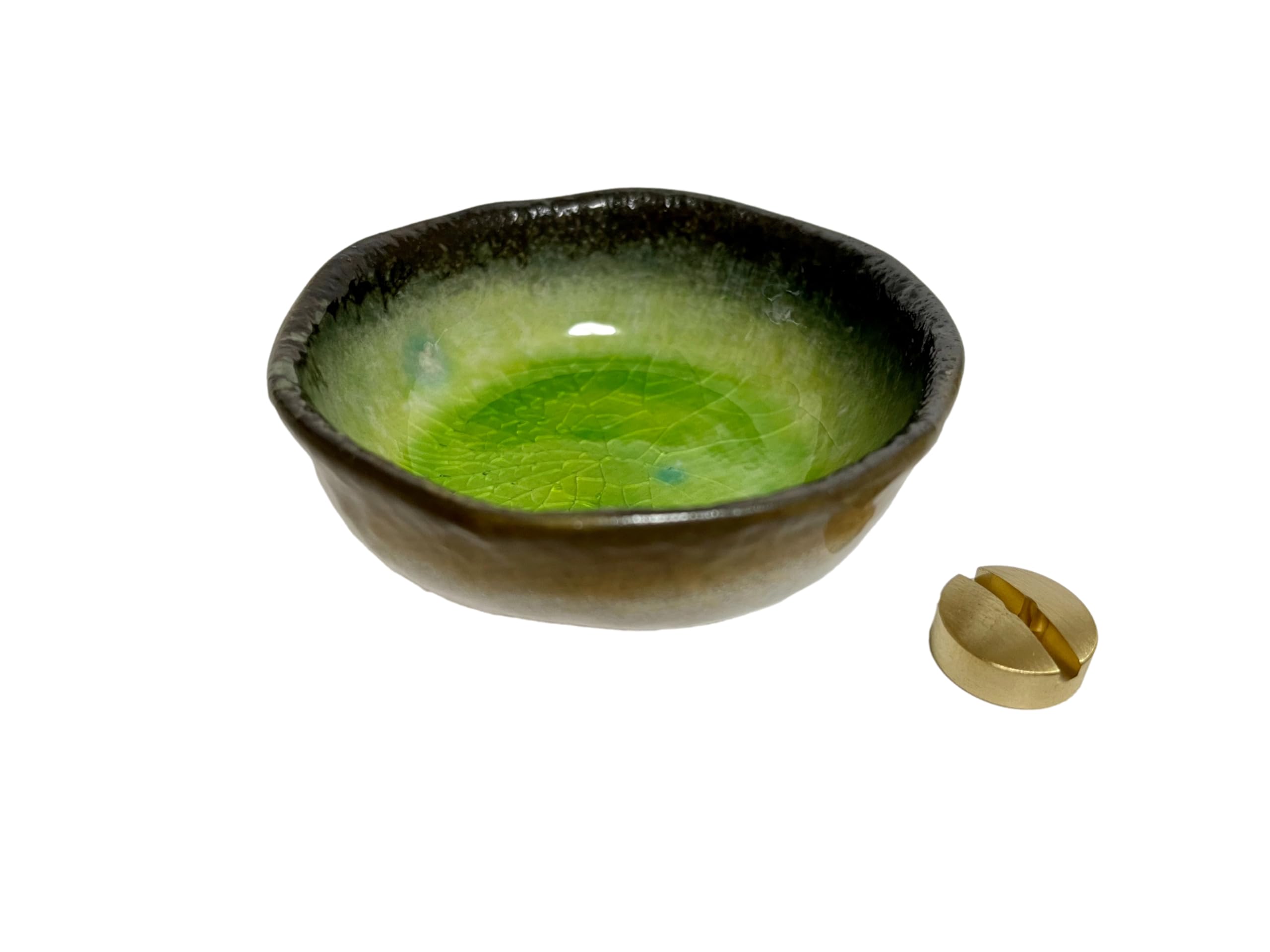 j-pure hitomiMade in Japan Mini Ceramic Incense Holder for Incense Stick with Ceramic Mino Ware Ash Catcher D3.27 x H1.26 in and Brass Incense Burner Stand 82305 (Green & Brown)