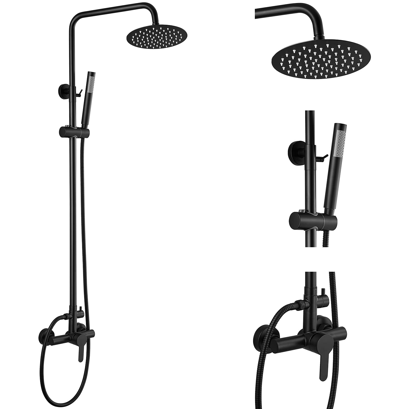 Aolemi Matte Black Outdoor Shower Faucet SUS304 Shower Fixture Combo Set Stainless Steel 8 inch Rainfall Shower Head Kit Single Handle High Pressure Hand Spray Wall Mount 2 Dual Function Single Handle