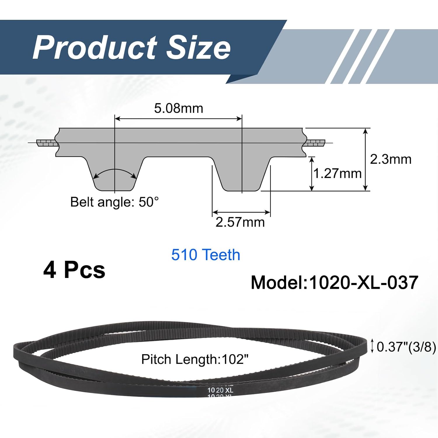 uxcell 4pcs 1020XL 037 Timing Belt 510 Teeth Rubber Geared Cogged Belt, 0.37" Width, 0.20" Pitch Mechanical Replacement Belts