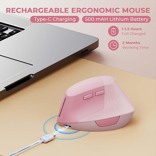 Miniatura 5 de Unipows Ratón vertical ergonómico, mouse inalámbrico tipo C recargable con adaptador USB y tipo C, mouse pequeño silencioso para portátiles,
