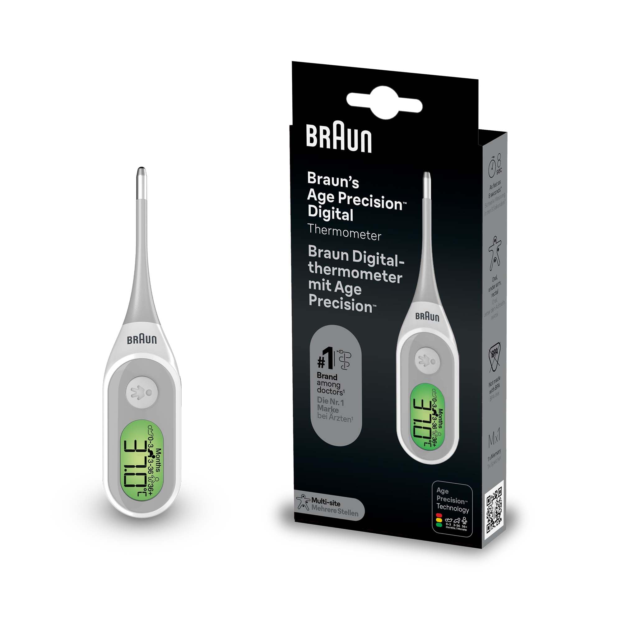 Braun Age Precision Digitalthermometer | Digitaler Stick für versch. Stellen | Oral  rektal oder unter der Achselhöhle | Geeignet für Babys und Kinder | Die #1 Marke bei Ärzten(1) | PRT2000