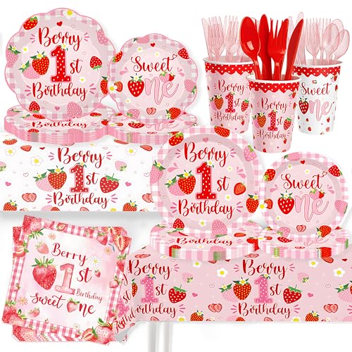 212ps Berry First Birthday Decor Strawberry 1st Birthday Paper Plates Cups Napkins Tablecloth Forks Tableware Berry 1st Bday Party Supplies Sweet One Girls Strawberry Baby Shower Decorations Serve 30