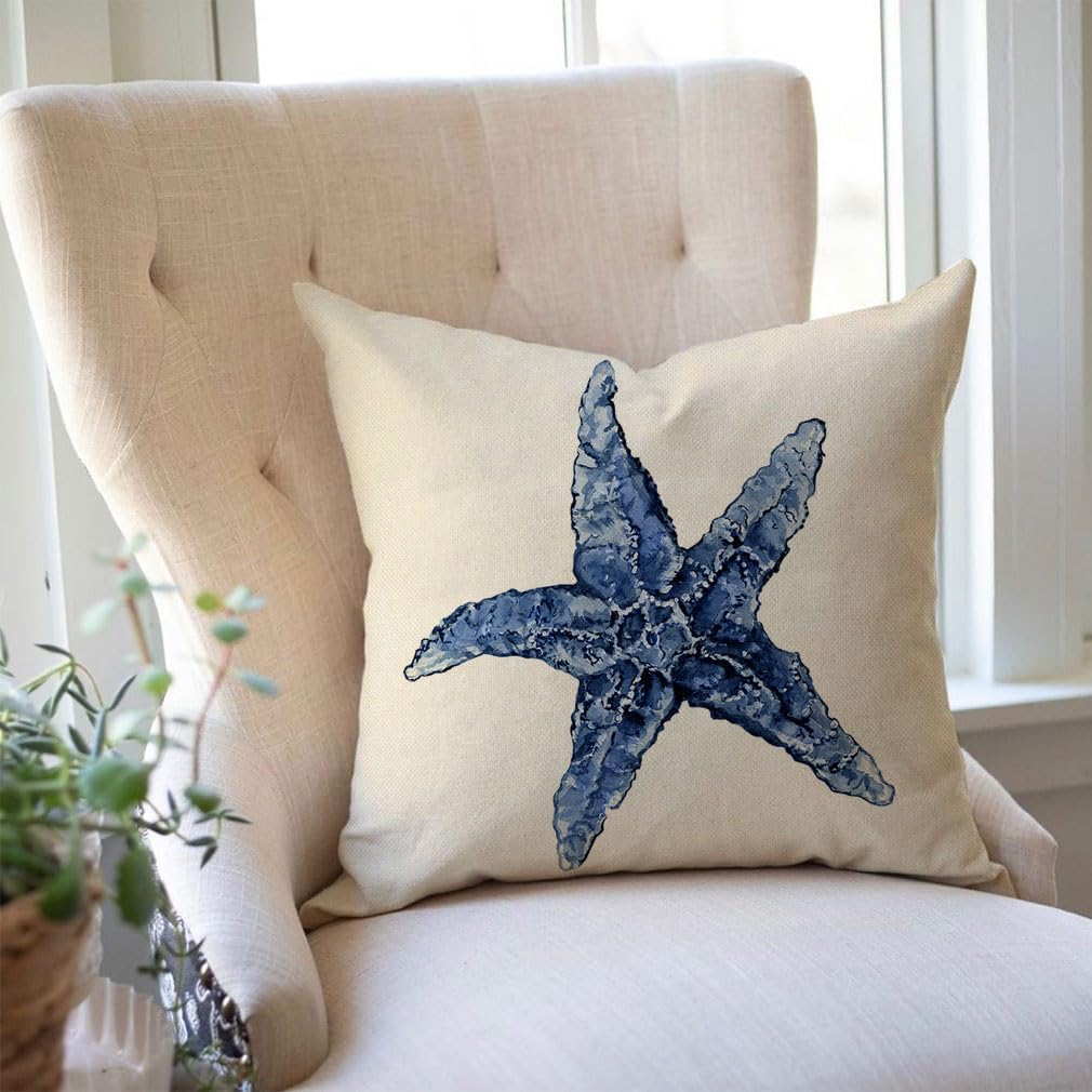 Sea Life Coastal Throw Pillow Covers 16x16 Inch Starfish Turtle Crab Coral Indigo Blue Summer Beach Ocean Nautical Outdoor Decorations Decorative Throw Pillows Cases Set of 4 for Couch Decor - Image 5