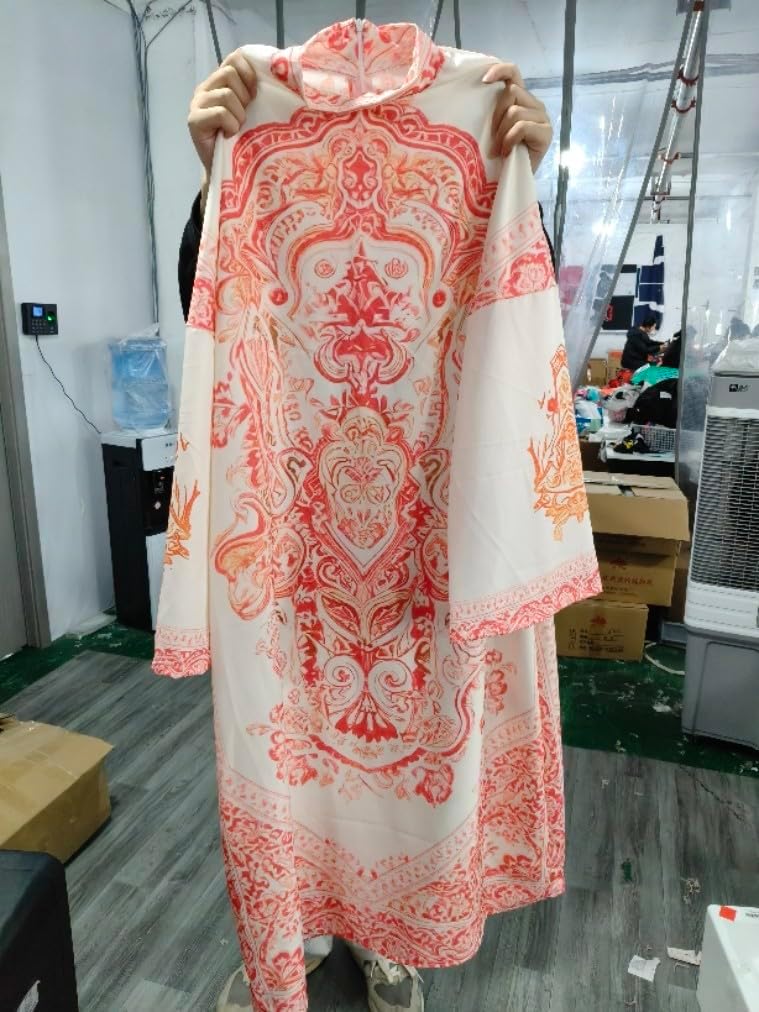 Women's Boho Midi Dress with Long Sleeves, Flowy Bell Sleeve Casual Summer Dress, Vintage Printed Loose Fit Dress - Image 4