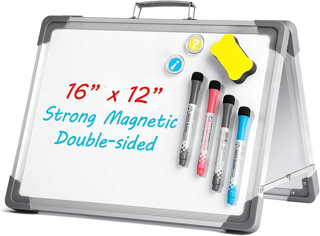 Magnetic Dry Erase White Board 16 inches x 12inches, Foldable Double Sided Portable Whiteboard, Includes Magnets & Eraser, 4 Magnetic Dry Erase Pens, Multicolored