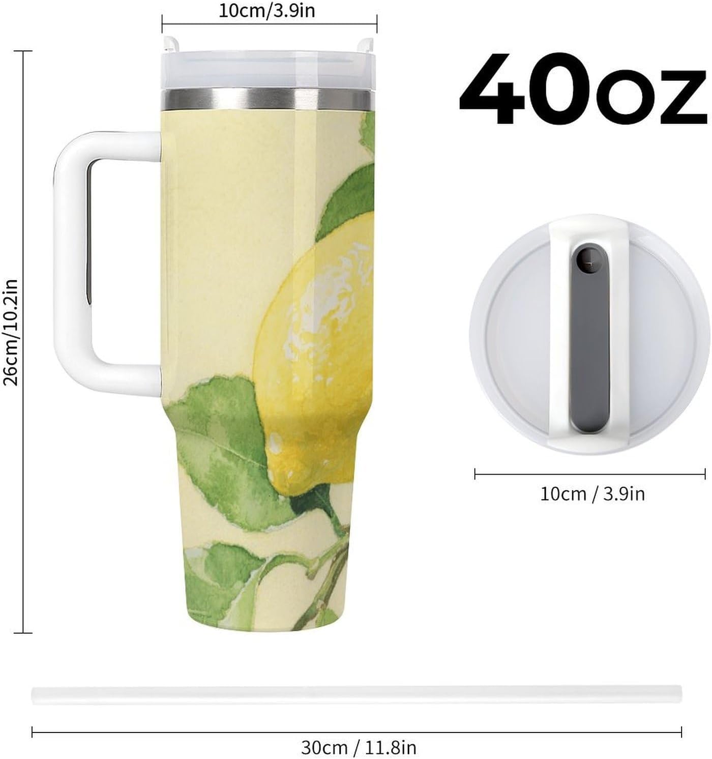 Watercolor Lemon Fruit Water Bottle with Straw Lid Stainless Steel Tumbler with Handle Leak Proof Coffee Mug Double Wall Vacuum Insulated Bottle Fit in Any Car Cup Holder 40 Oz