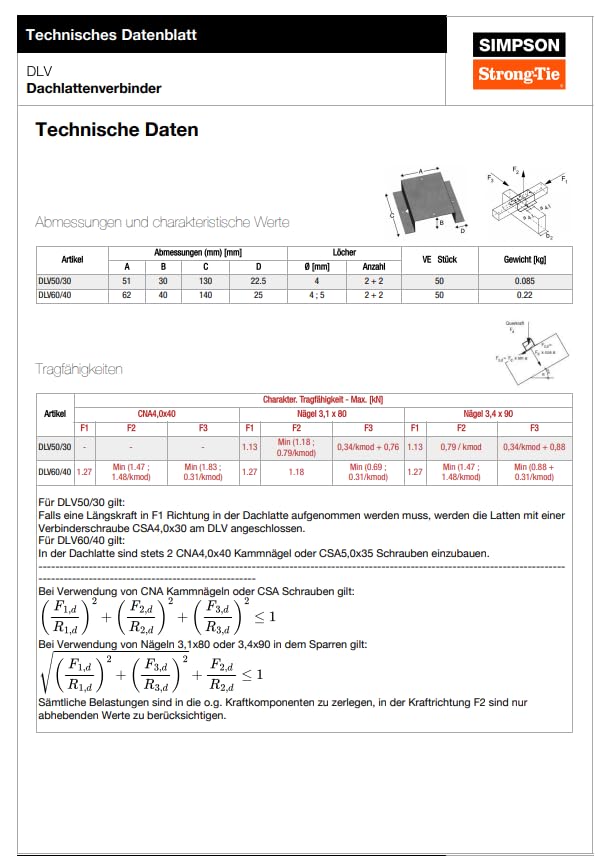 Simpson Strong-Tie Dachlattenverbinder DLV | Verzinkt | Für Dachlattenstoß (50, 40 x 60 mm)